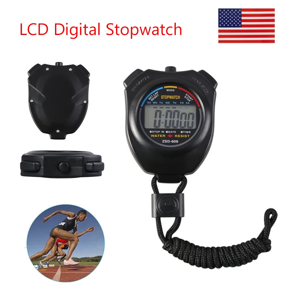 LCD Digital Stopwatch Sports Counter Chronograph Timer Waterproof Watch Work~~