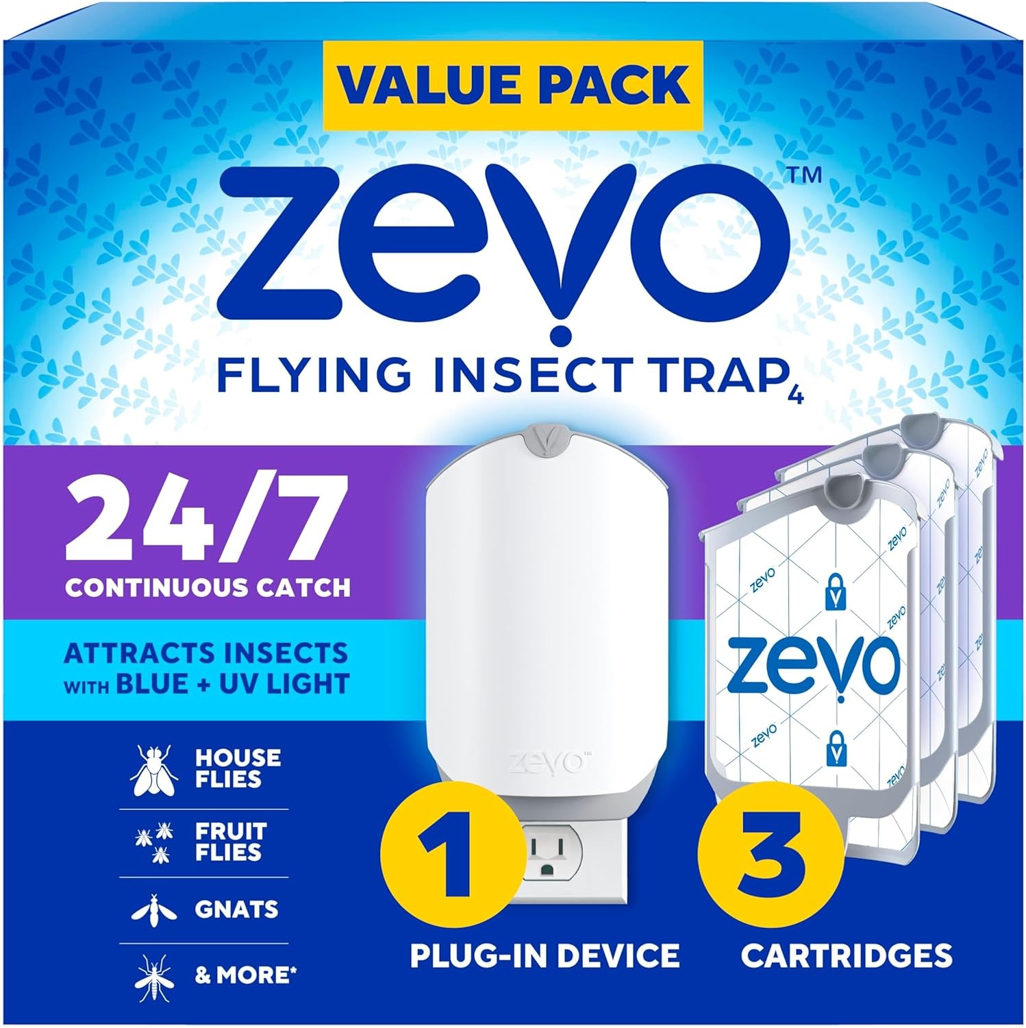 Zevo Flying Insect Trap & 3 Refill Cartridges - Plug in Fly Trap & Indoor Bug Ca
