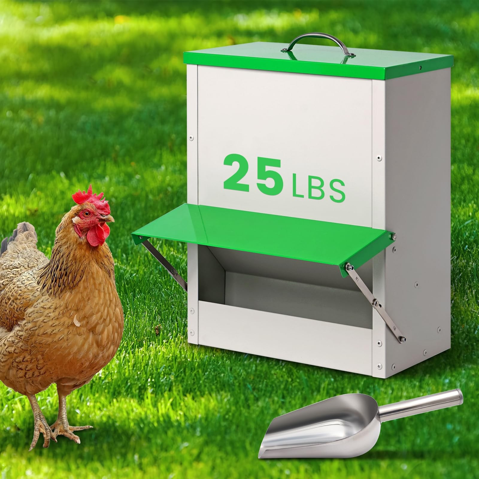 25lb Metal Automatic Chicken Feeders no Waste Poultry Feeder Large Chicken Co...