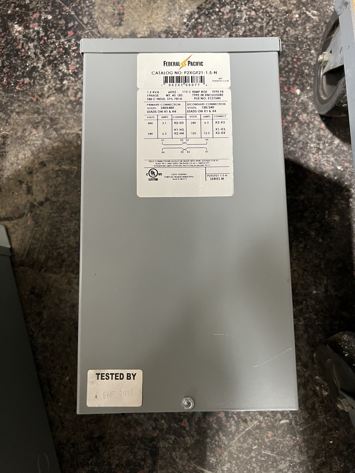 Federal Pacific 1.5KVA 1Ph 240/480-120/240 Gen. Purp. Trans. P2XGF21-1.5.N