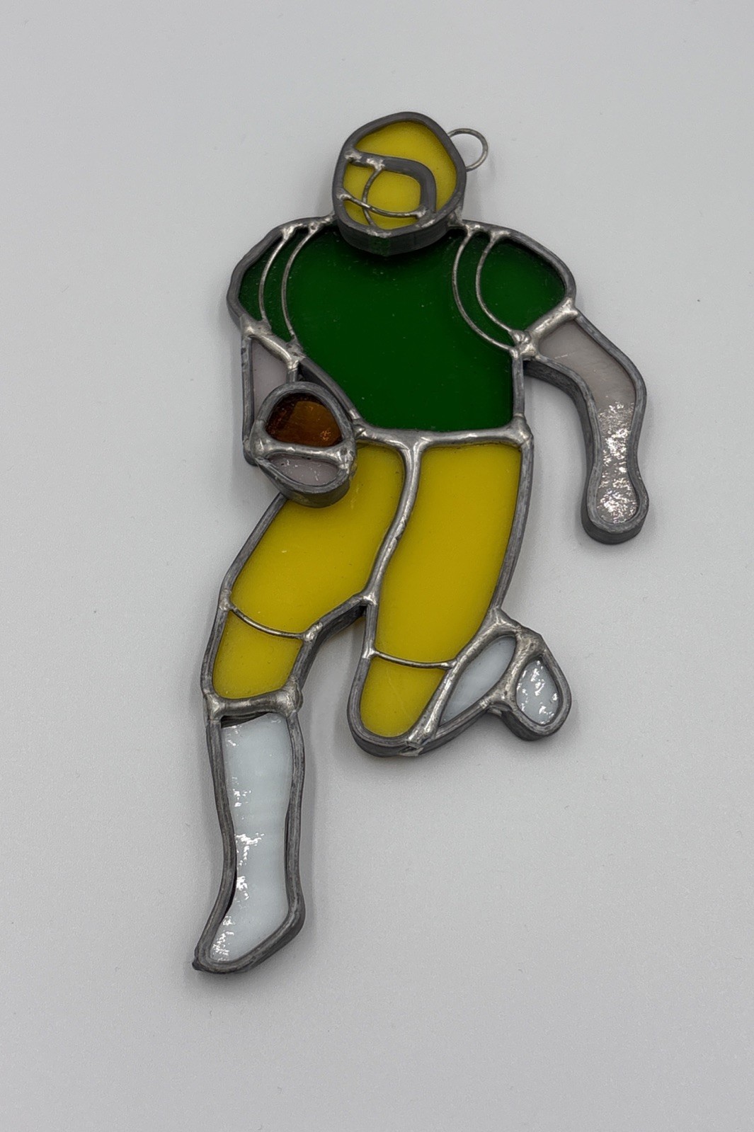 Vintage Sun Catcher Ornament Sports Football Player  Stained Glass 6.5” Tall