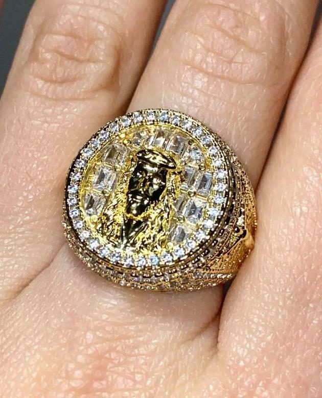 Round CROSS JESUS Christ Men's Bling Hiphop Ring Iced 2ct CZ 14k Gold Rings 6-10
