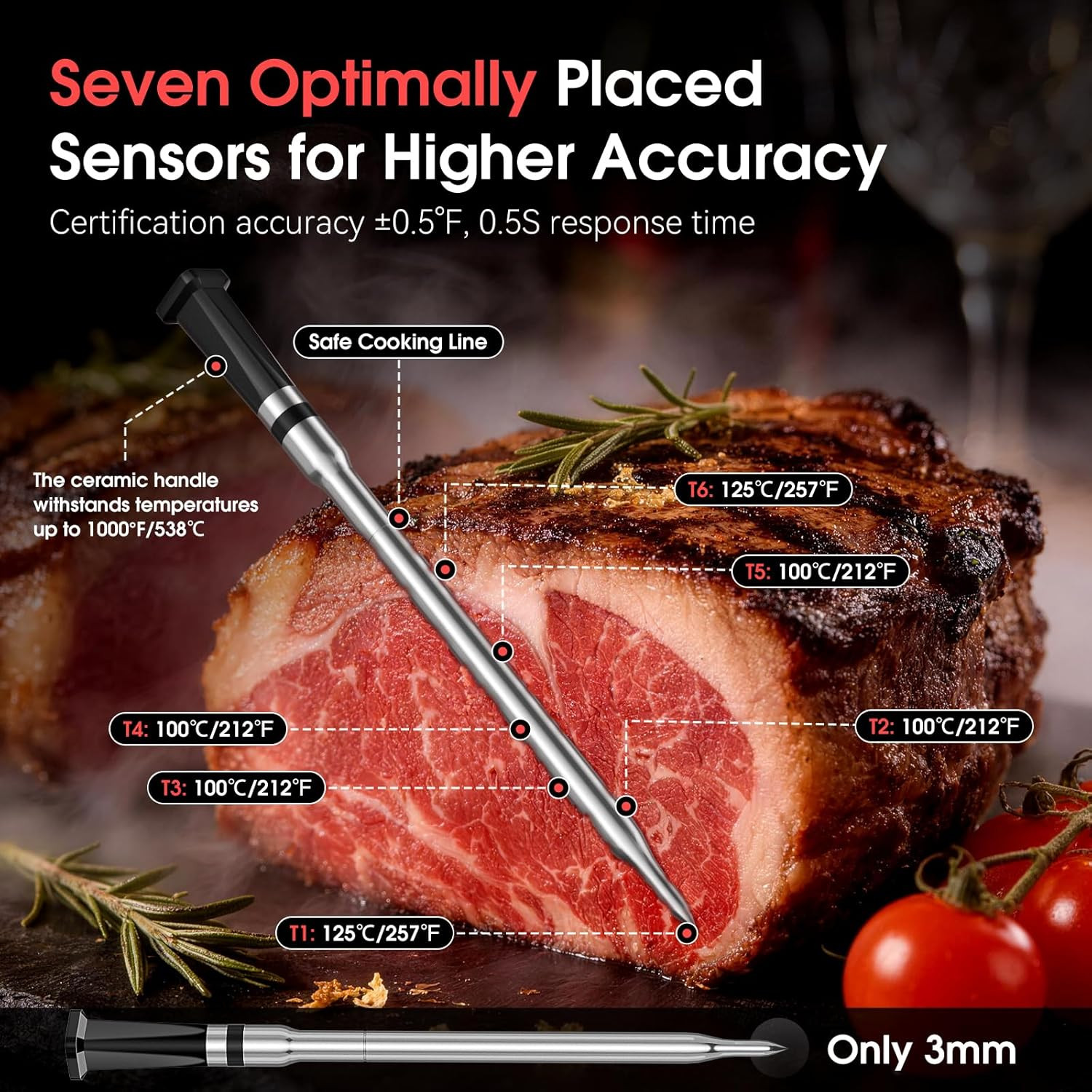 Smart Wifi Wireless Meat Thermometer, Sub-1G 656FT Range, 7-Sensor Probe, Standa