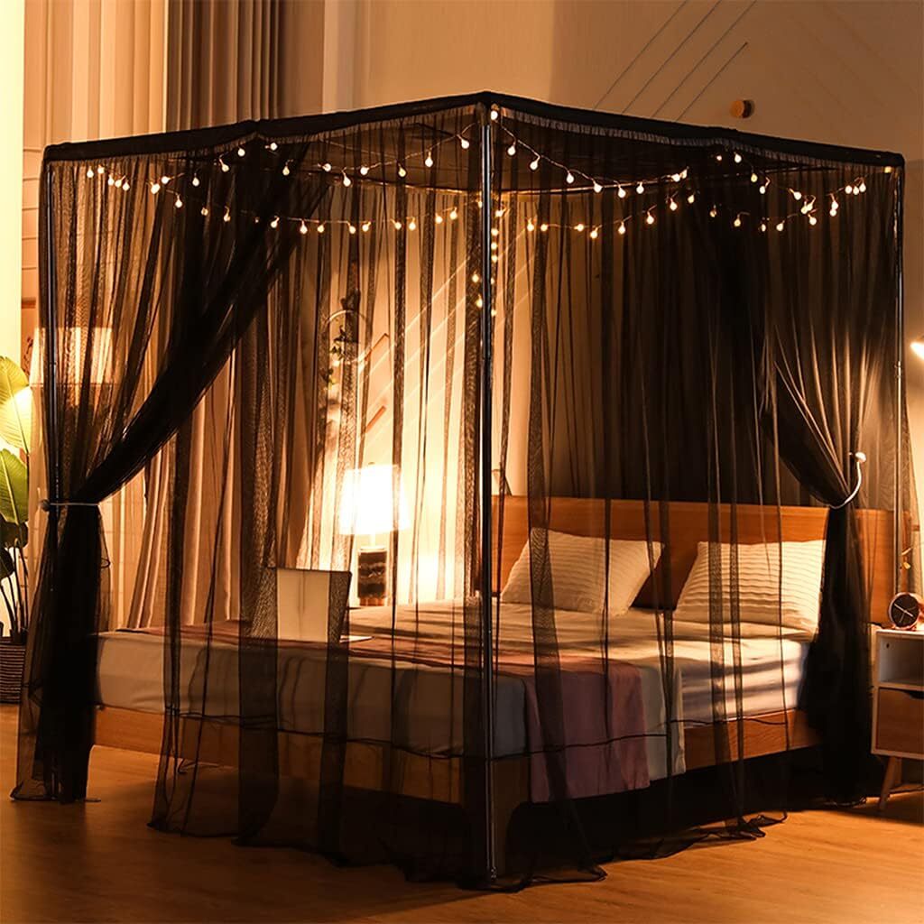 SCMTY Elegant Luxury 4 Corner Post Mosquito Net with Dustproof King, Black