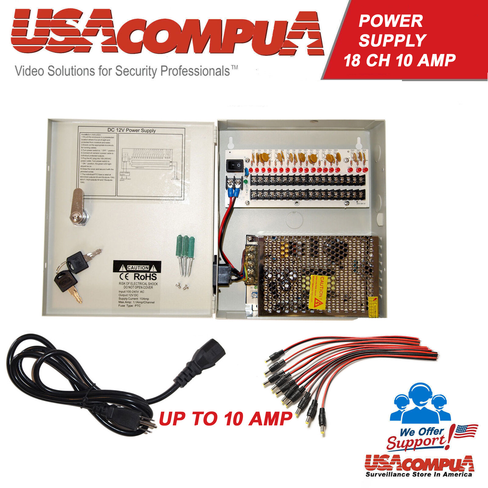 18 CH Power Supply CCTV CP1218-10A 18 Port 12V DC+ Pigtail Auto Reset 10 AMP