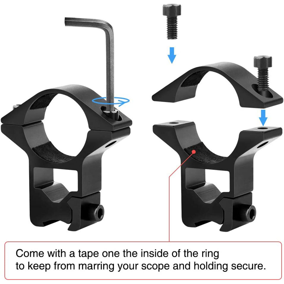 2PCS 1" High Profile Scope Ring See Through Scope Mount For 11mm or 3/8 Dovetail