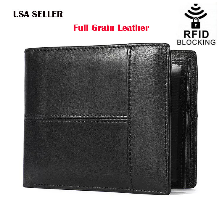 Men Men's RFID Blocking Full Grain Leather ID Window Currency Bifold Wallet BK