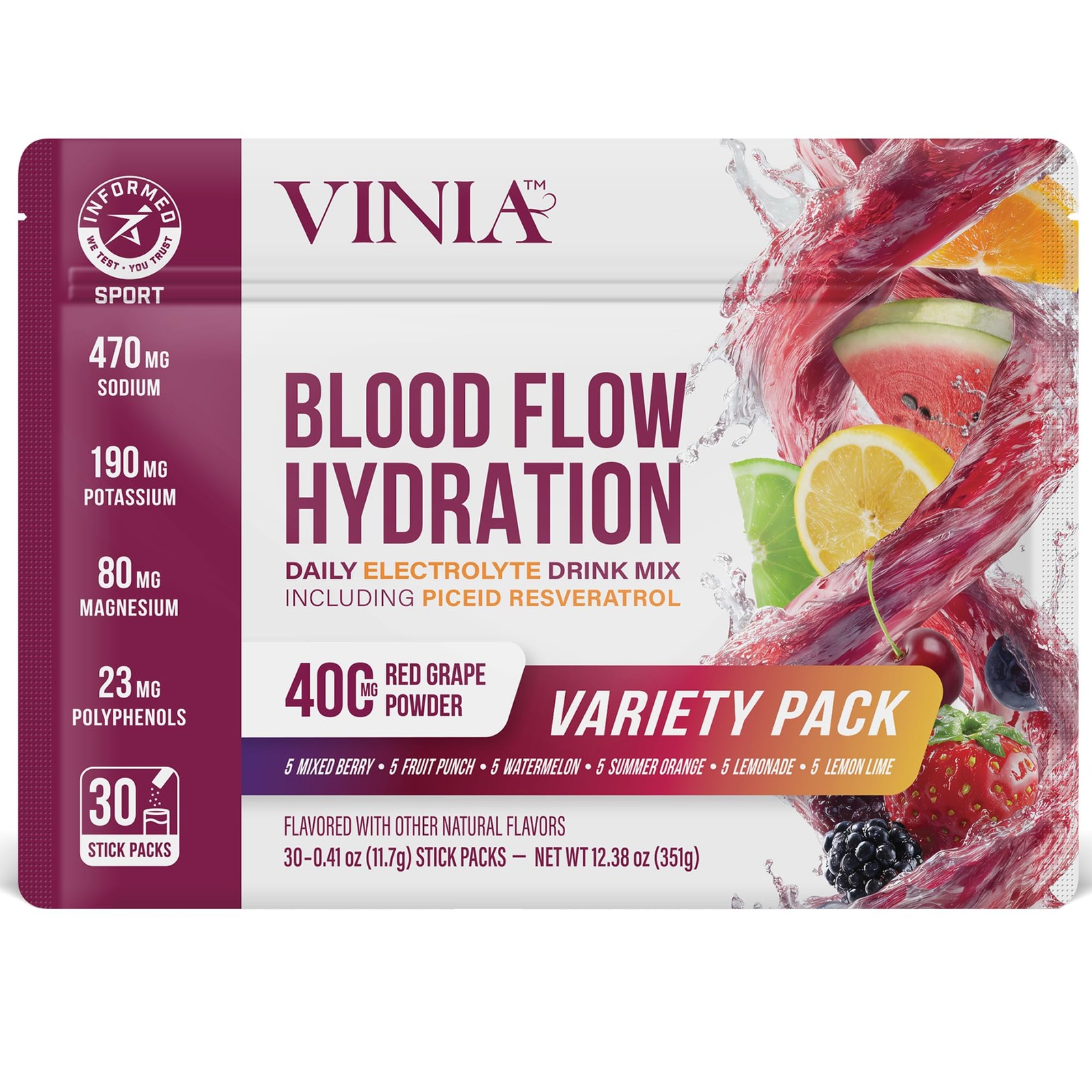 VINIA Resveratrol Electrolyte Hydration Powder Mix | Boost Blood 30 Sticks