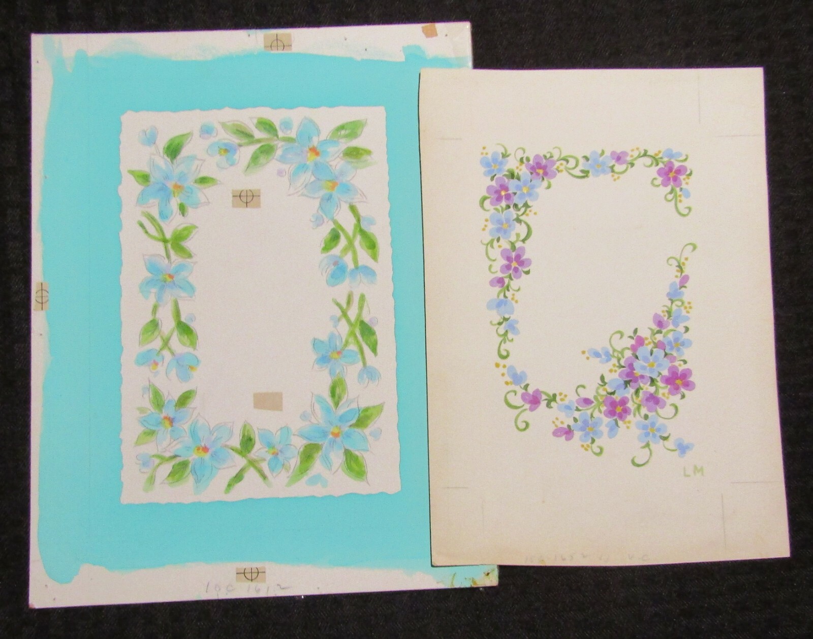 FOR YOU Purple & Blue Flowers Border 8x10.5" Greeting Card Art LOT of 2
