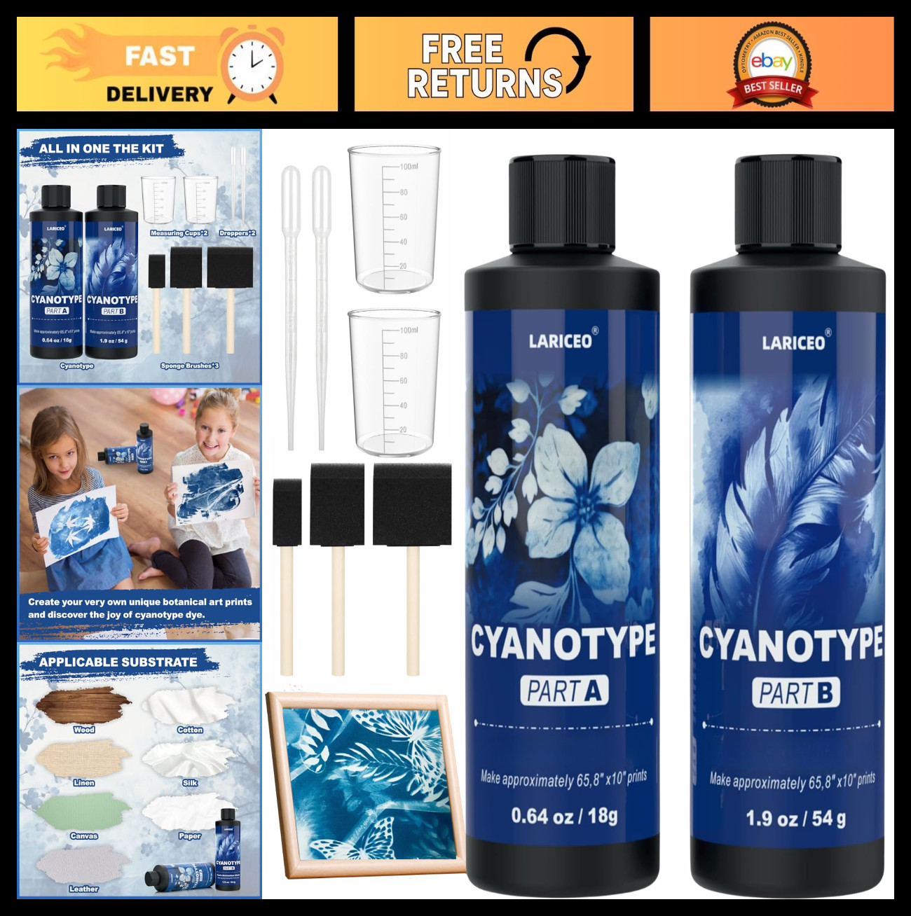 Cyanotype Kit - 7 Tools & Chemicals for Fabric, Paper Art Projects, Blue Dye, Pr