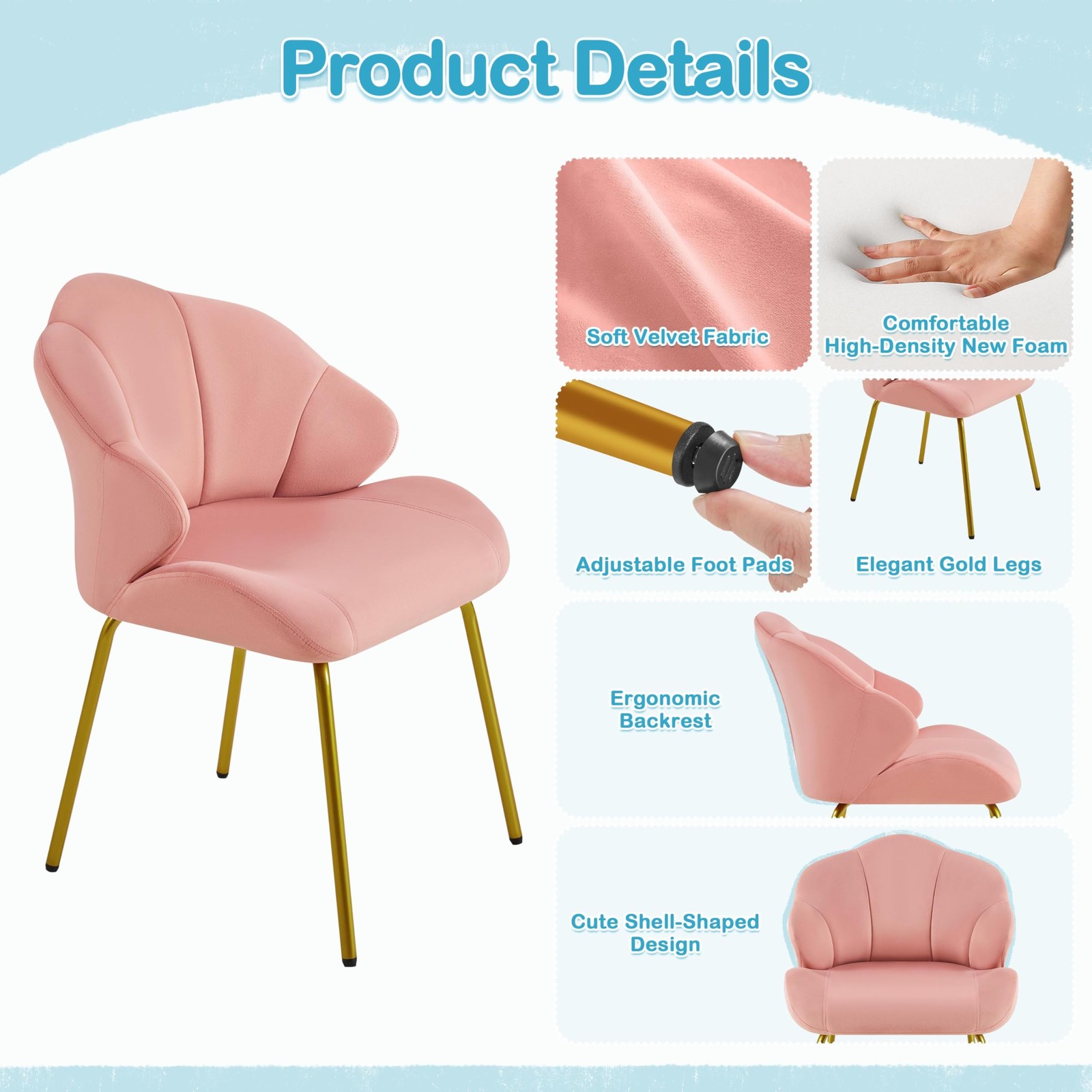 Yaheetech Vanity Chair, Velvet Accent Chair with 22.5"D x 22"W x 31"H, Pink