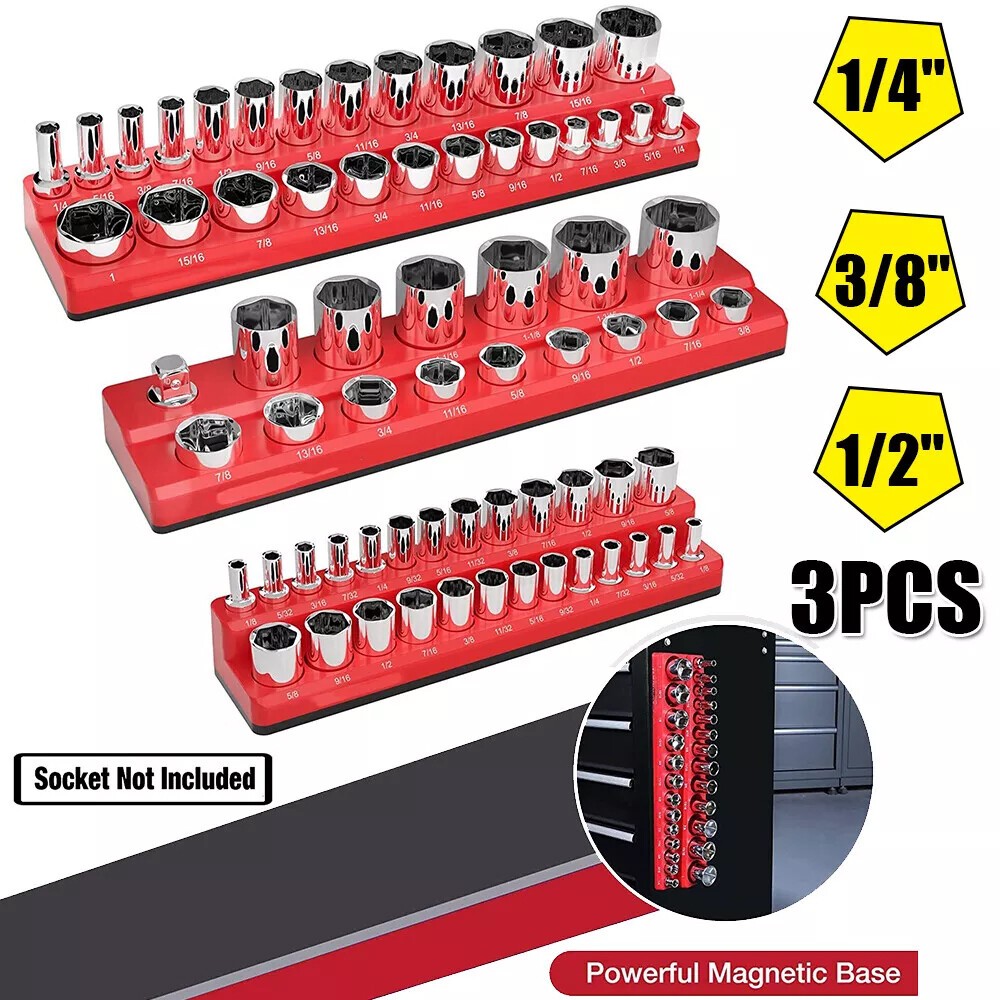 3PCS Magnetic Socket Organizer Storage Holder Set 1/4 3/8 1/2" Imperial 68 Slots