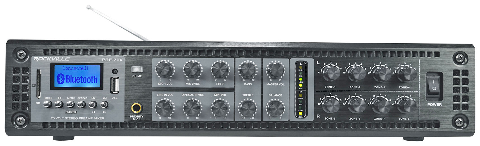 Rockville PRE-70V 70V Stereo Preamp Mixer with 6 Zones, Bluetooth/Optical/Mic In