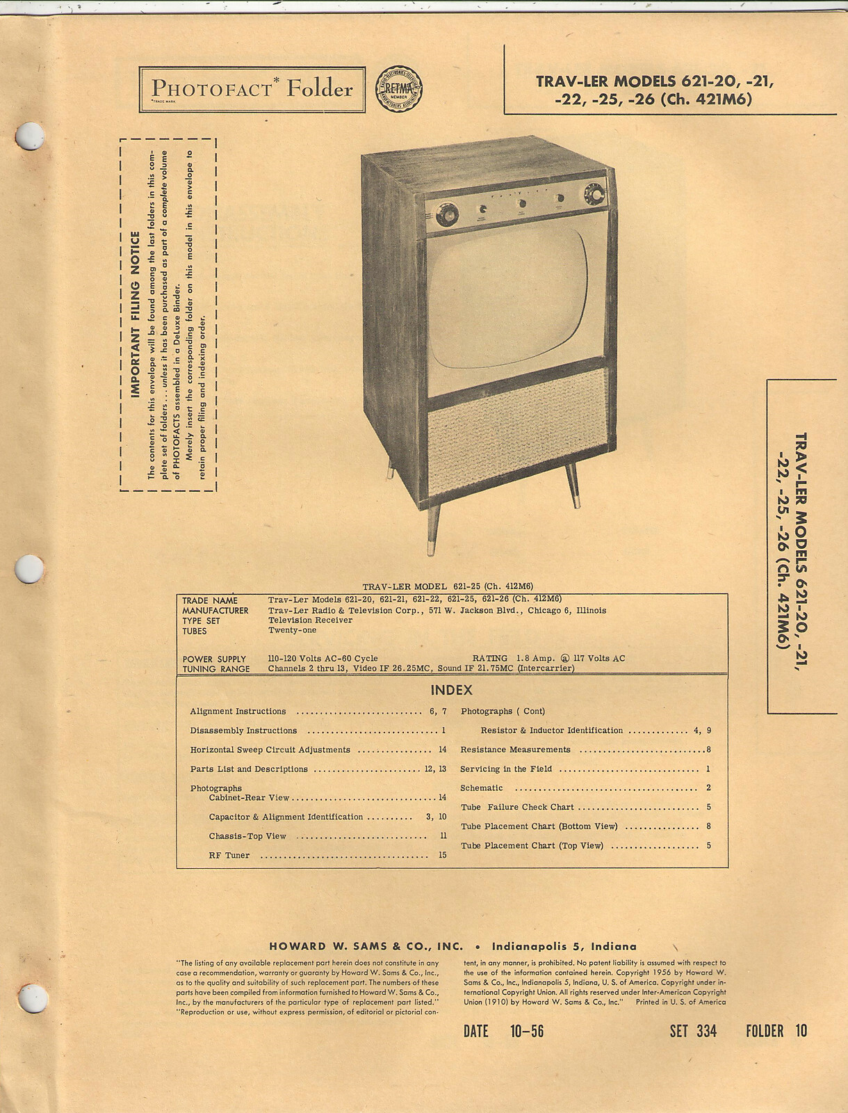 1956 SAMS PHOTOFACT TRAV-LER TV MODELS 621-20 21 22 25 26 Ch 421M6 {FREE SHIP}
