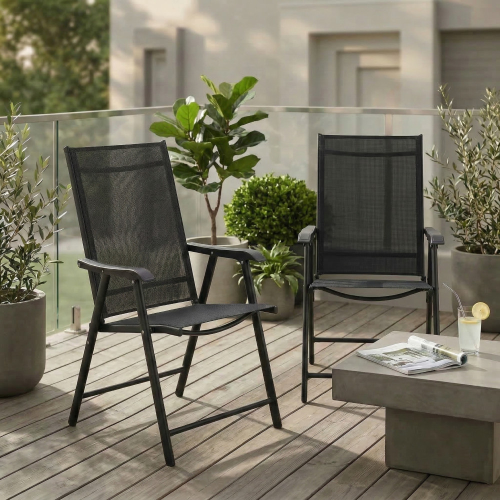 Foldable Outdoor Patio Chairs Set of 2 w/ Weather-Resistant Textilene - Black