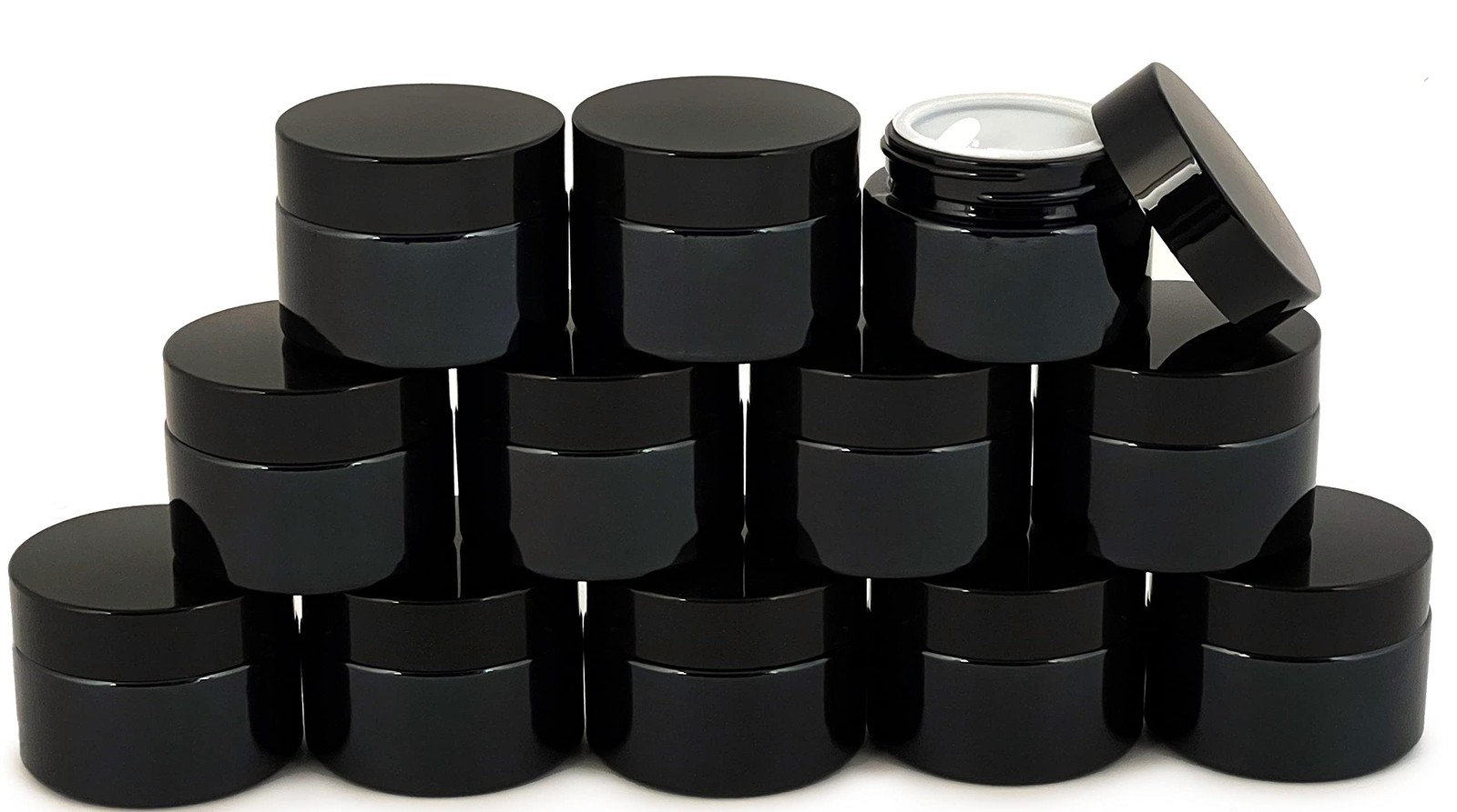 12 Black 1 Oz Round Glass Jars With Inner Liners And Black Lids