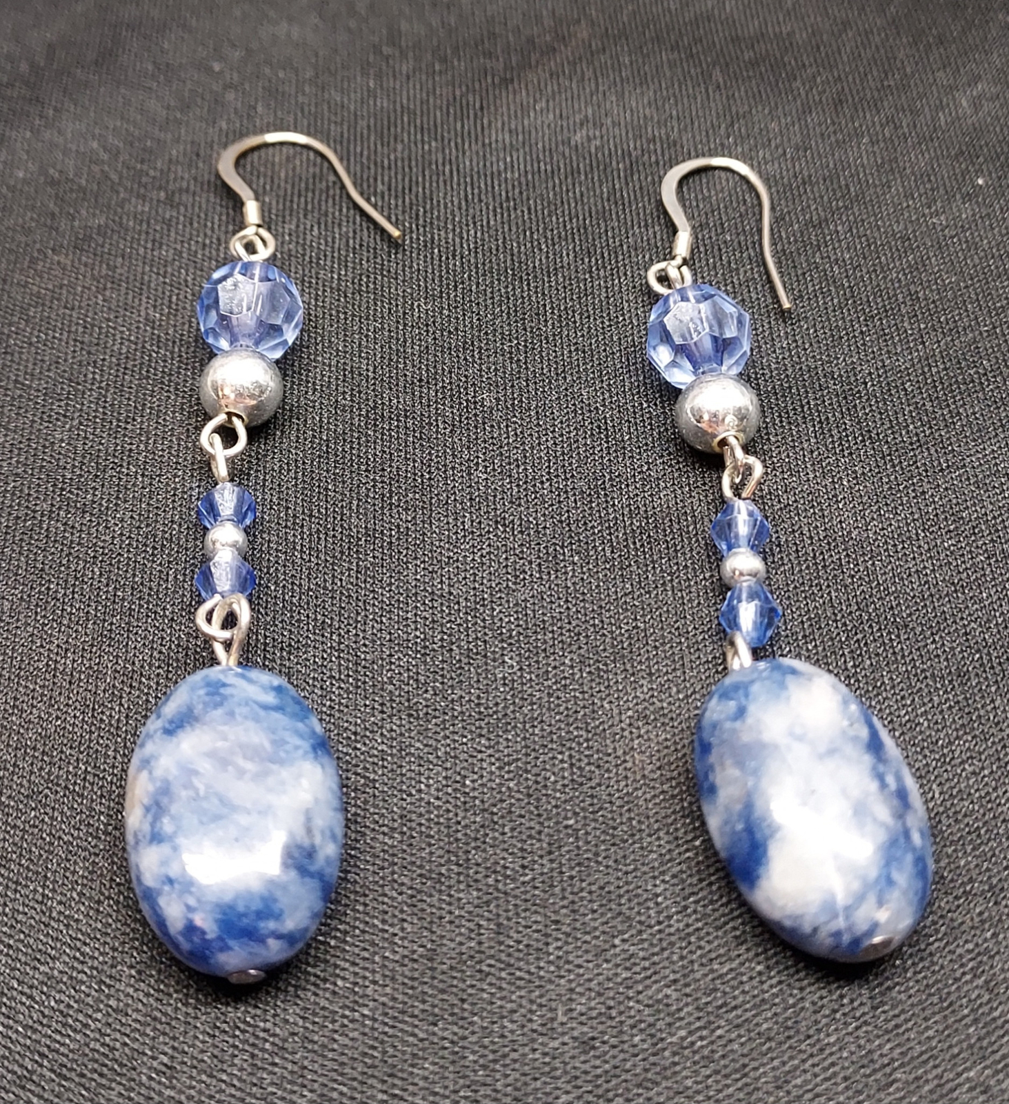 Vtg Silvertone Pierced Dangle / Drop Earrings - Lapis Lazuli & Amethyst Stones