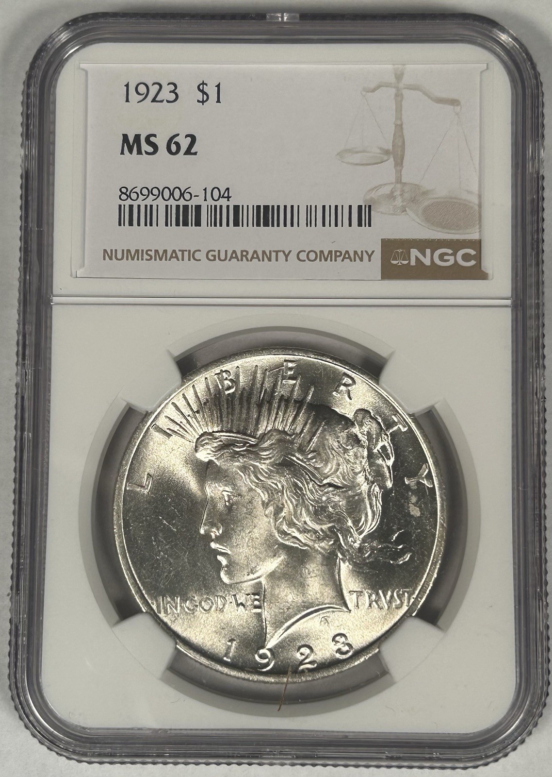 1923 Peace Silver Dollar Coin NGC MS 62 Better