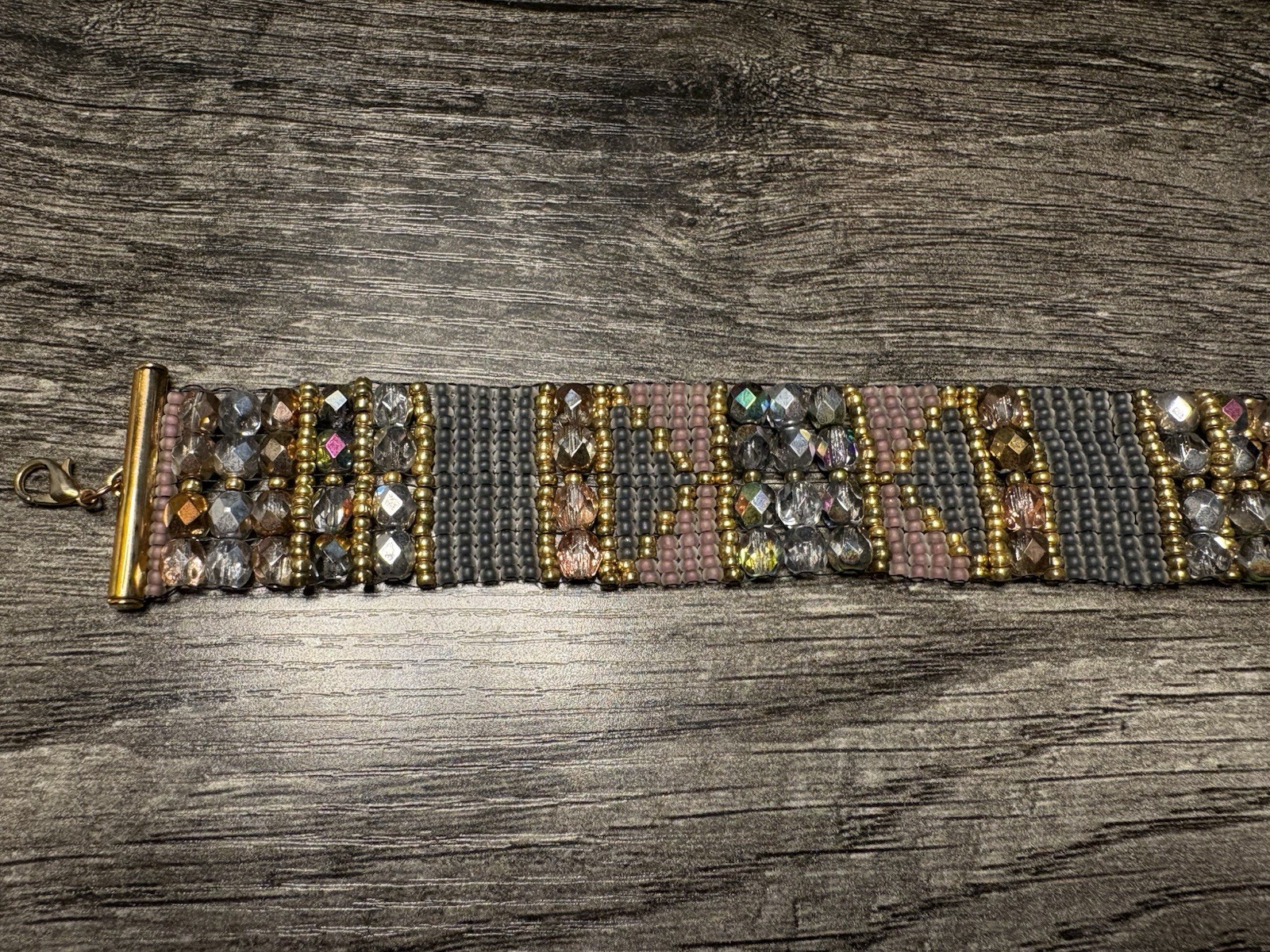 Multicolor Beaded Cuff Bracelet Adjustable 7in Glass Brass Hook Closure