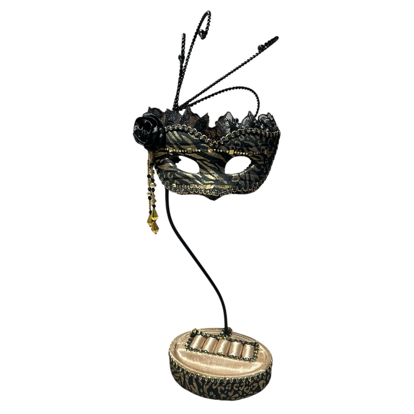 Masquerade Mask Black Gold Beaded Lace Jewelry Stand