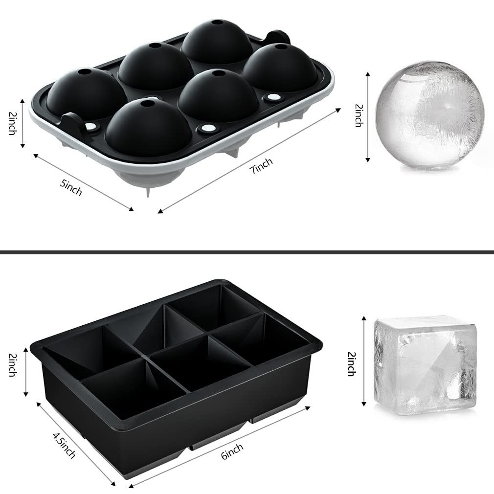 Ice Cube Trays Set of 2, Sphere Ice Ball Maker with Lid & Large Square Ice Cu...