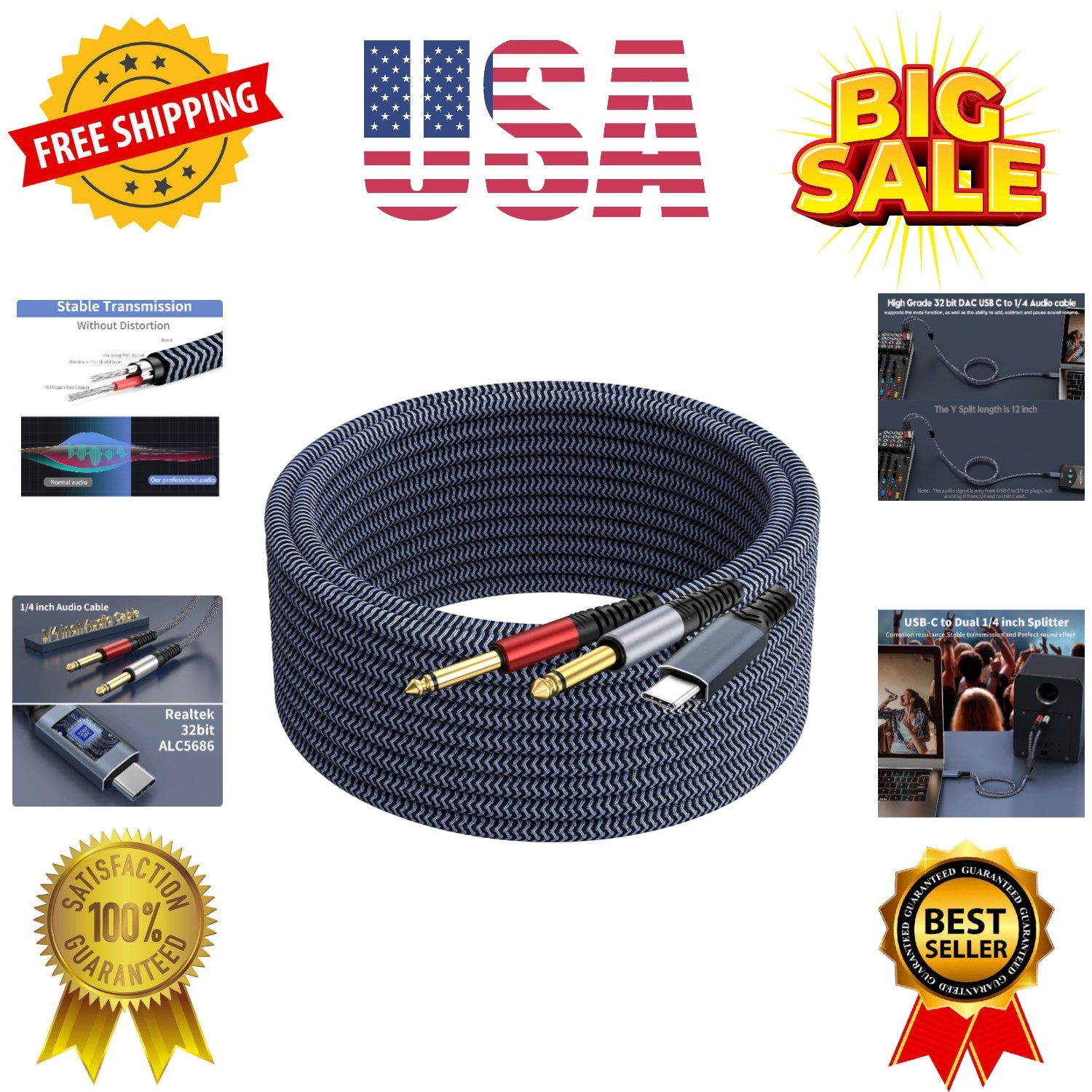 USB C to 1/4 inch 15ft, USB C to Dual 1/4 Splitter Cable, Realtek 32Bit 384 K...