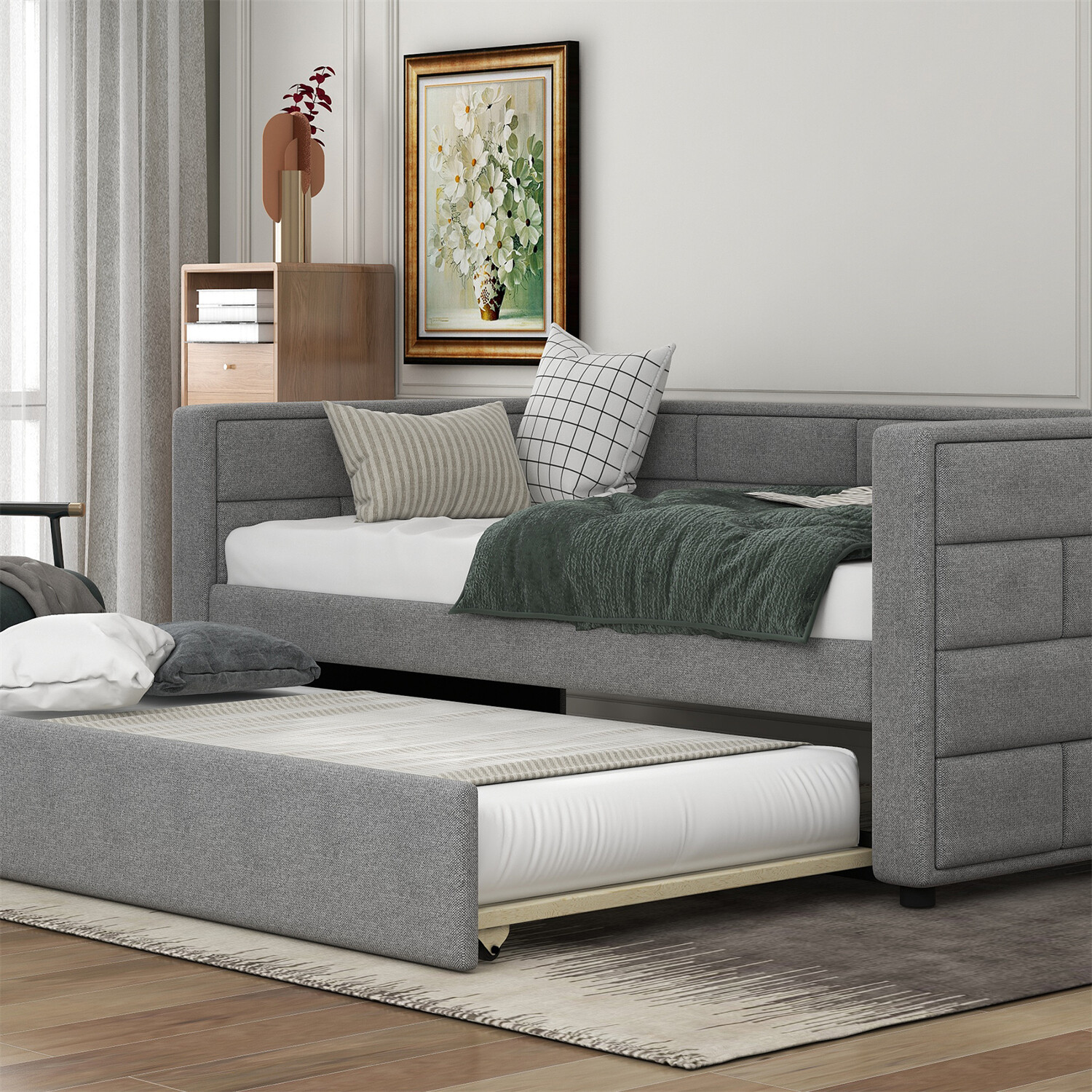Twin Size Daybed with Pull Out Trundle Bed Upholstered Bed Frame Sofa Bed US