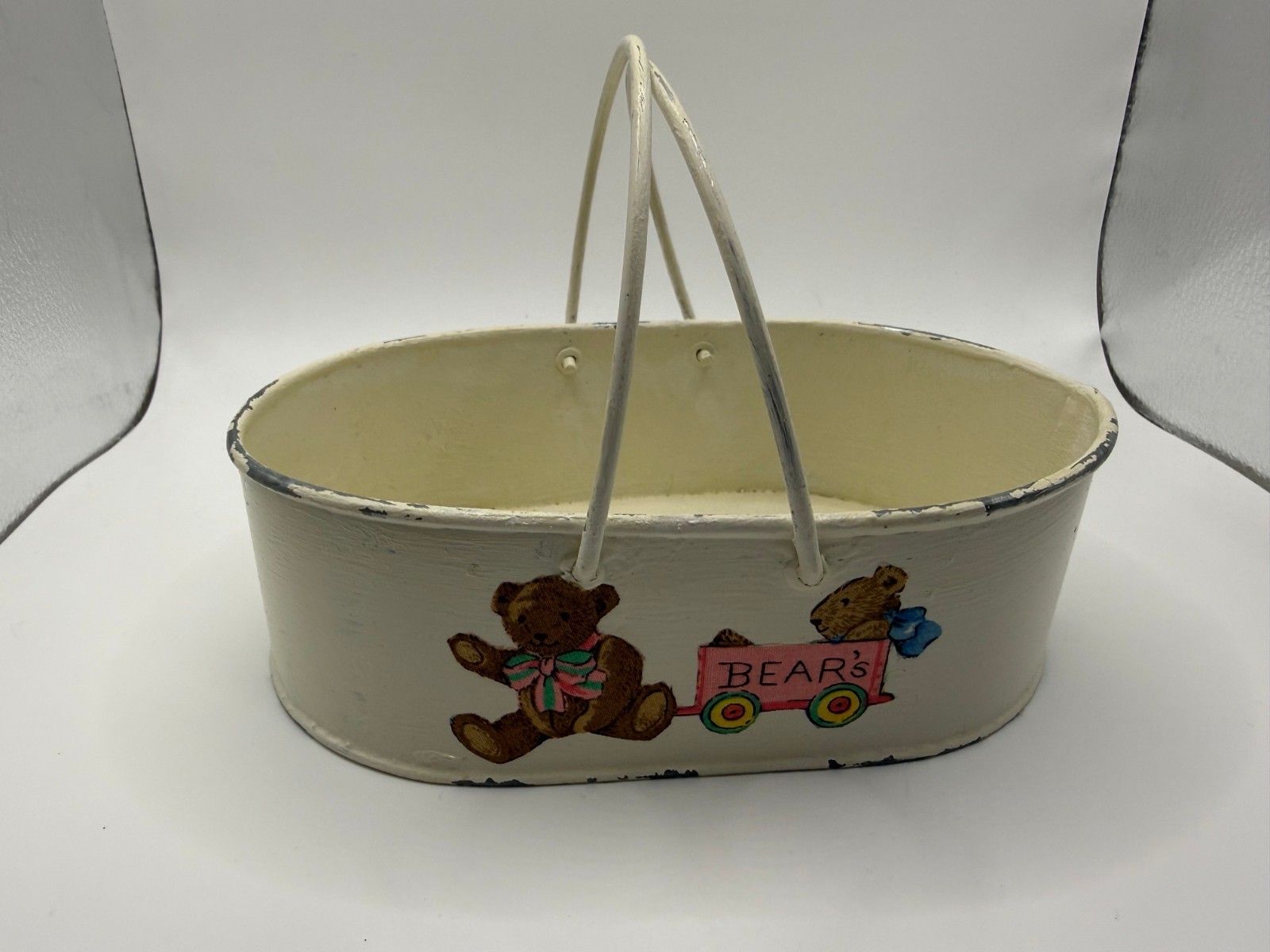 Vintage Teddy Bear Metal Tin Oval Basket Handle Nursery Decor