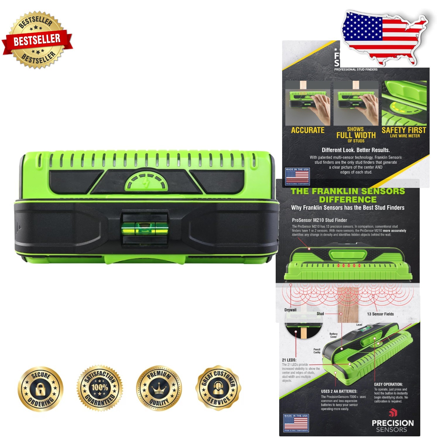 ProSensor 13-Sensor Stud Finder Green Live Wire Detection Easy Scan Wall Scanner
