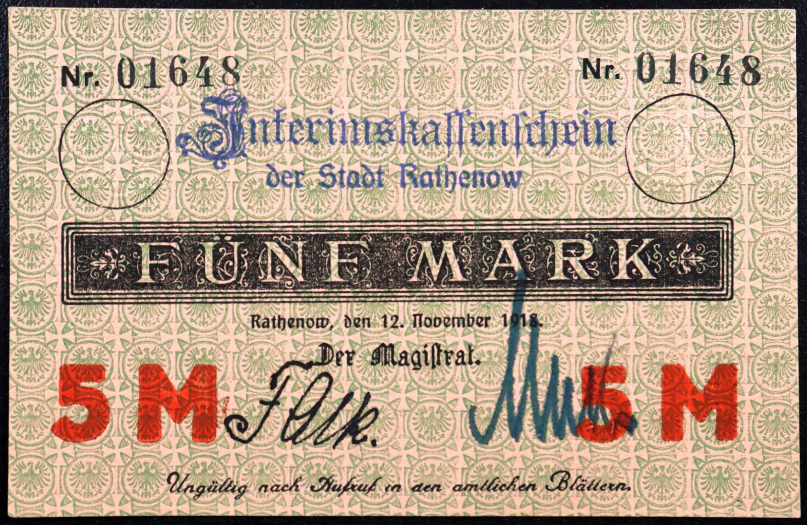 RATHENOW 1918 RARE Two hand-signatures! 5 Mark Grossnotgeld German Notgeld
