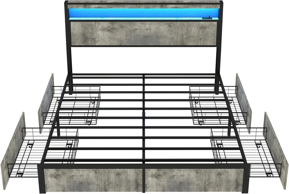 Full Queen King Bed Frame with Storage Headboard ,Charging Station & LED Lights