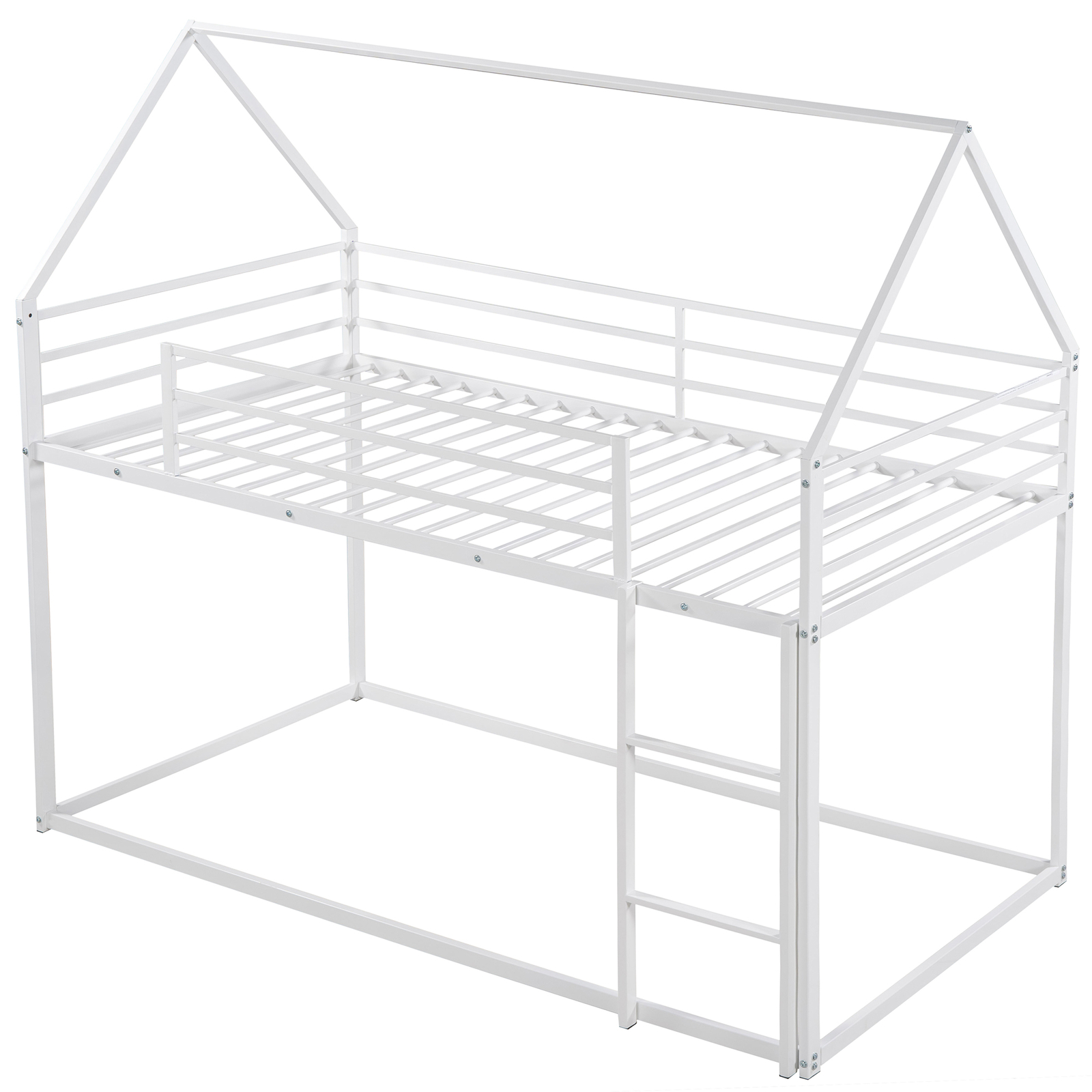 Twin over Twin Size House Bunk Bed Frame Built-in Ladder /Guardrail Bedrom White