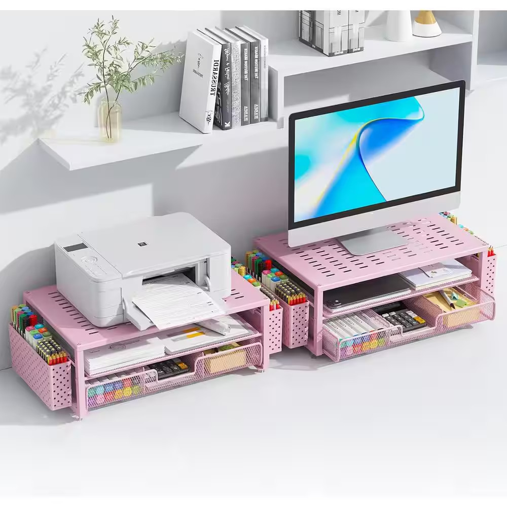 Pink 15.7 In. X 6 In. Metal Modern Desk Organizer Stand with Drawer and 2 Pen Ho