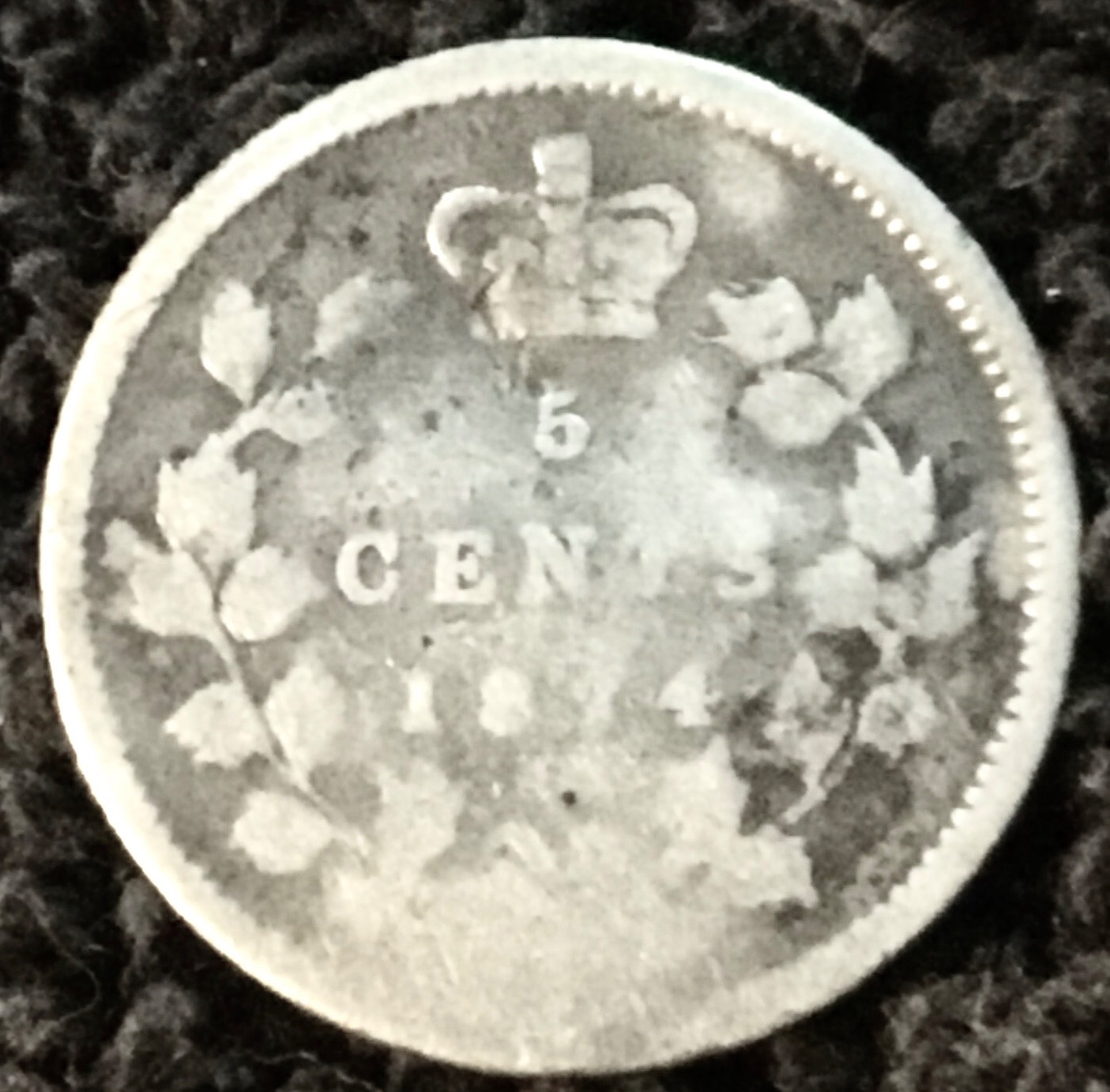1874H Plain or Small 4, 5 Cent Silver Canada  Coin KM 2