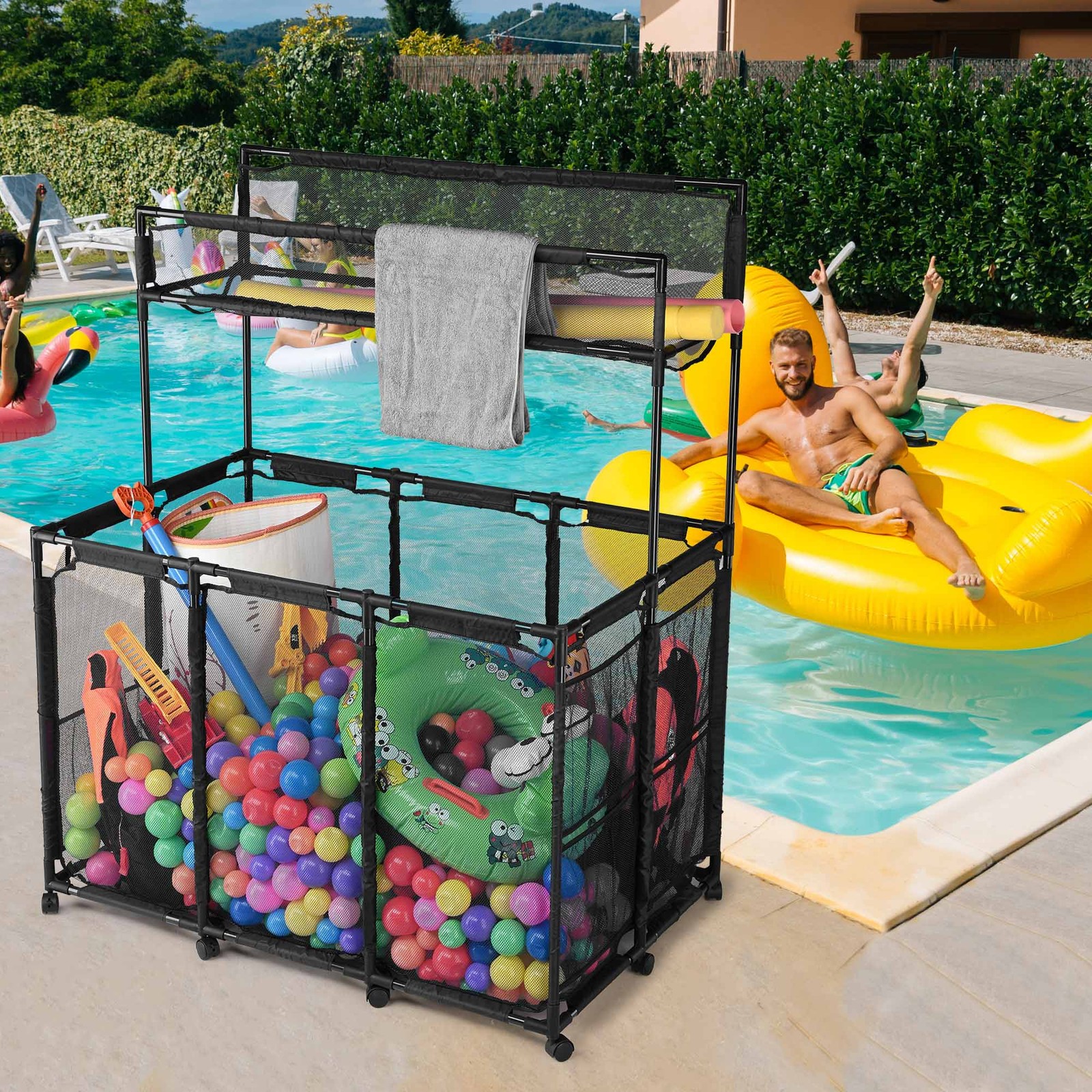 Yescom Rolling Mesh Pool Storage Bin Two Tier with Blue Replacement Net Combo