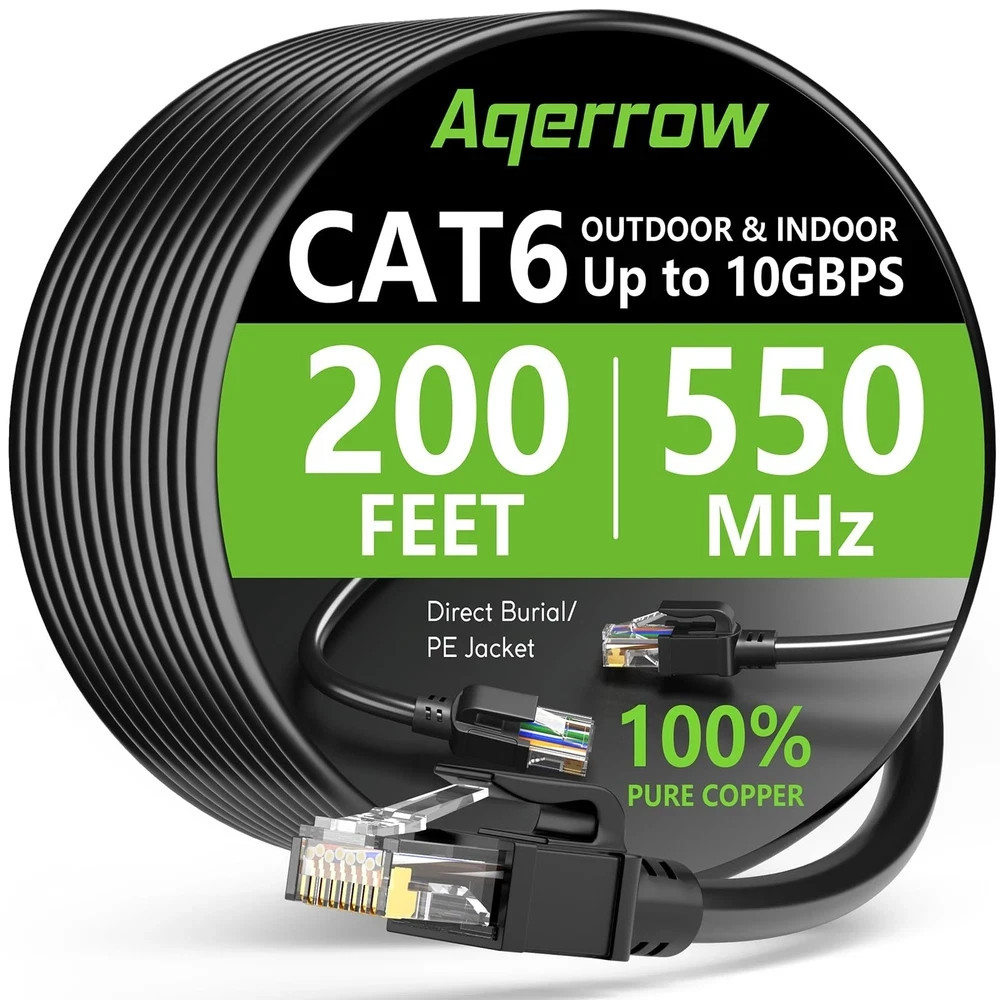 200 ft Cat-6 Outdoor Ethernet Cable - 10 Gbps, UV Resistant, Waterproof Quality