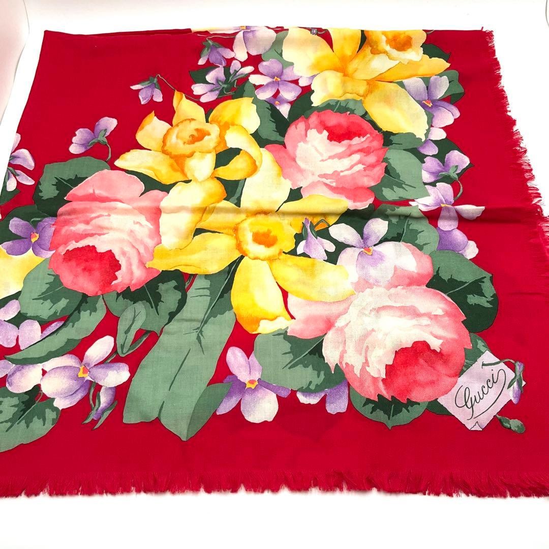 Gucci Floral Stole Wool Silk Red 55.1in Large Scarf Shawl for Present from JAPAN