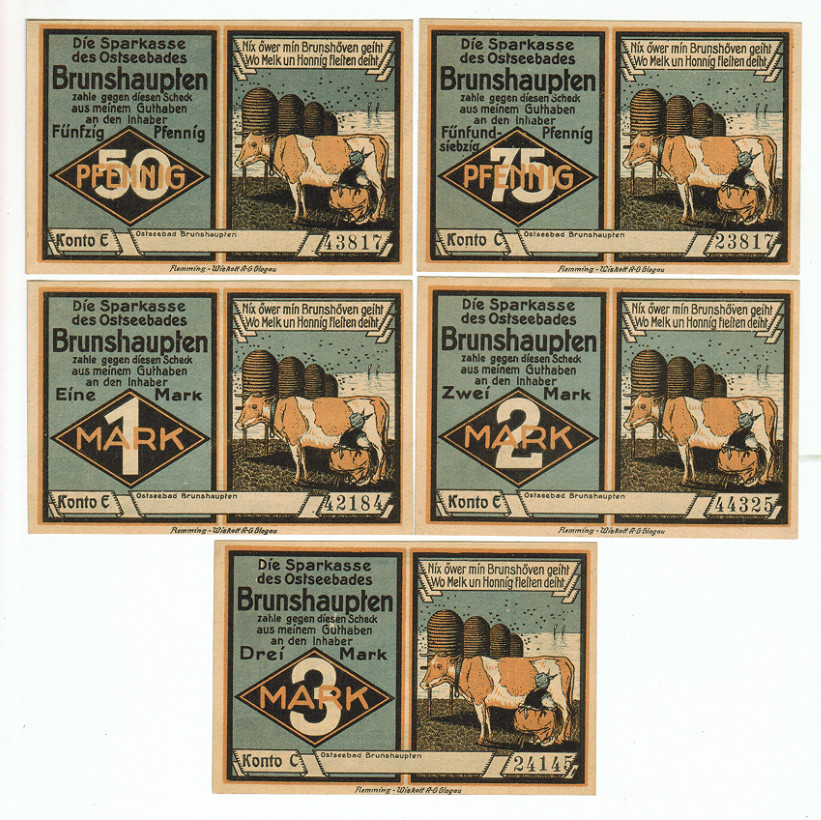 SET OF 5 GERMANY NOTGELD 50.75 PFENNIG 1.2.3 MARK BRUNSHAUPTEN 1920 UNC