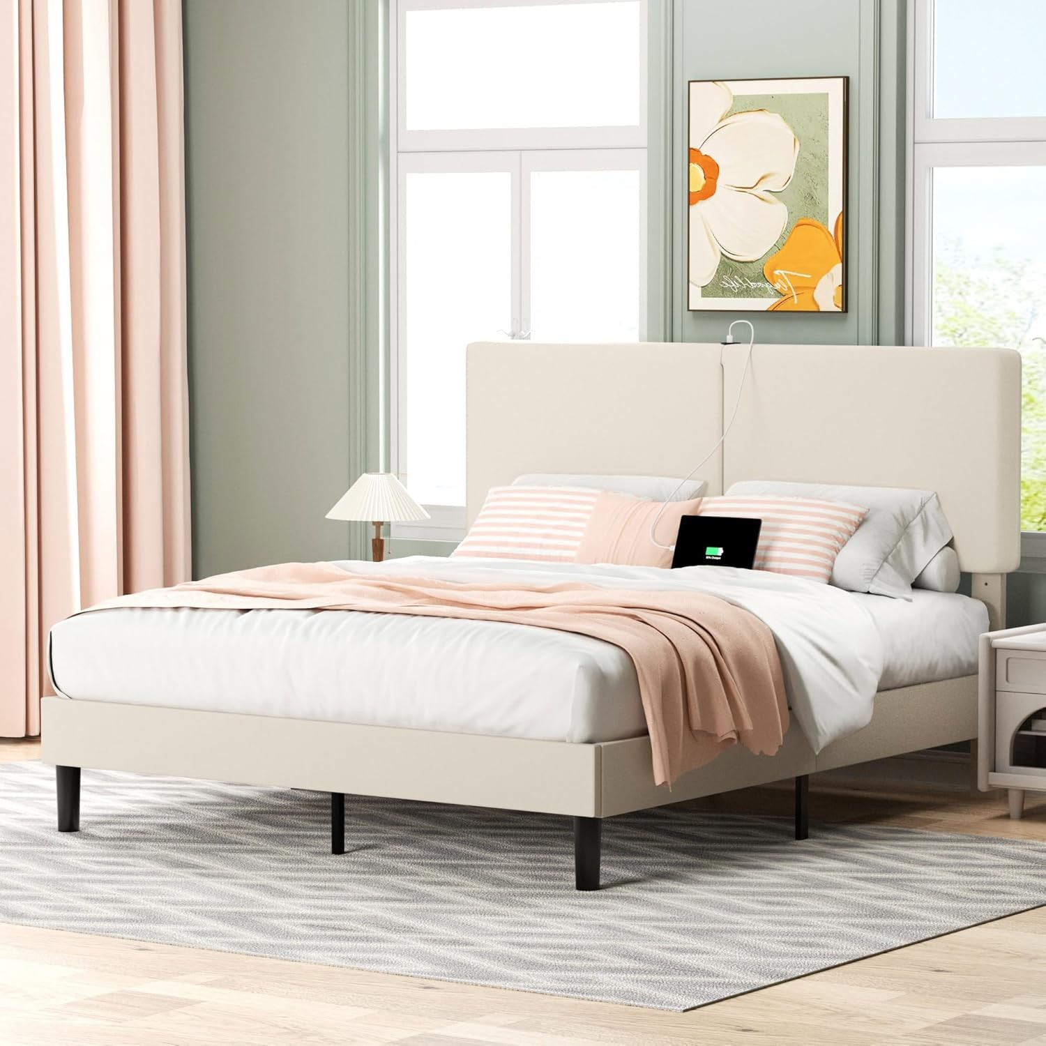 Full Bed Frame with Type-C & USB Ports, Upholstered Platform Height-Adjustble