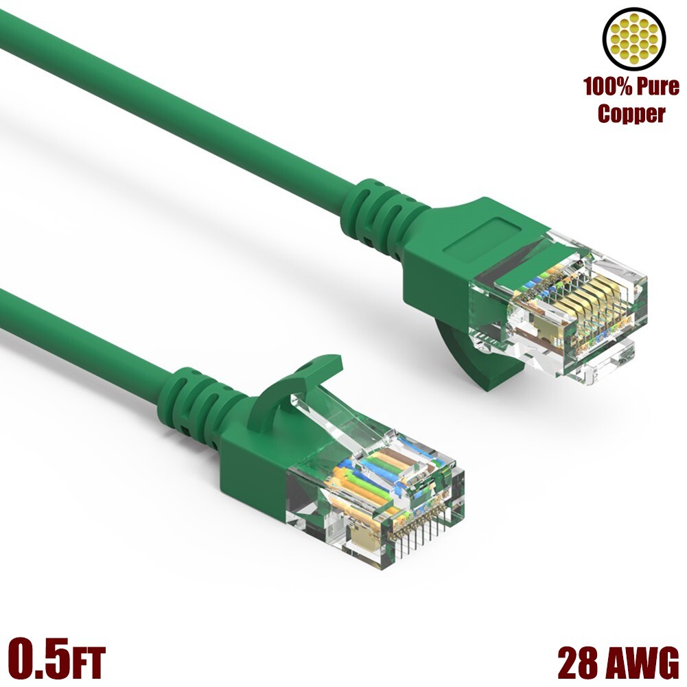 0.5FT Cat6A RJ45 Slim Ethernet LAN Network UTP Cable Copper Wire 28AWG Green