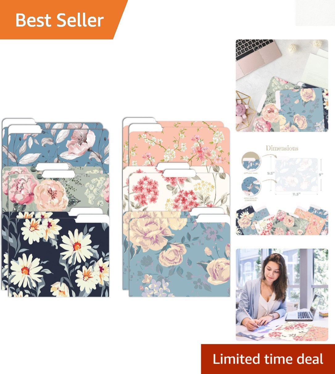 12 Pack Heavyweight File Folders with Floral Designs - Letter Size 9.5"x11.5"