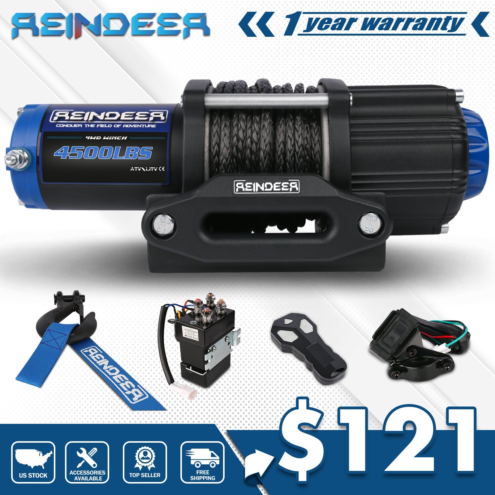 REINDEER Electric Winch 4500lb Synthetic Rope Wireless Remote Towing ATV Boat