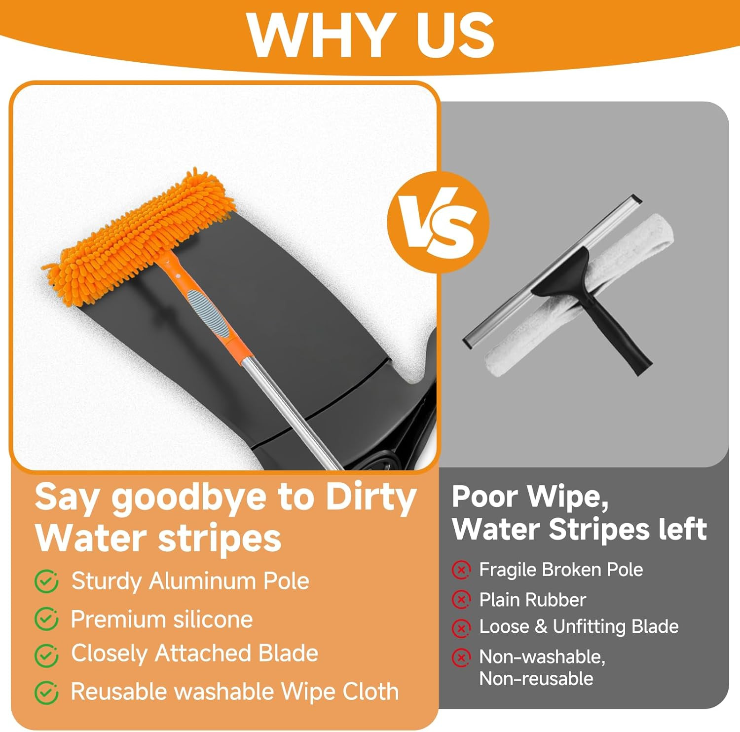 2 in 1 Window Squeegee Cleaner Kit Extension Pole, 67 In, Orange | Window