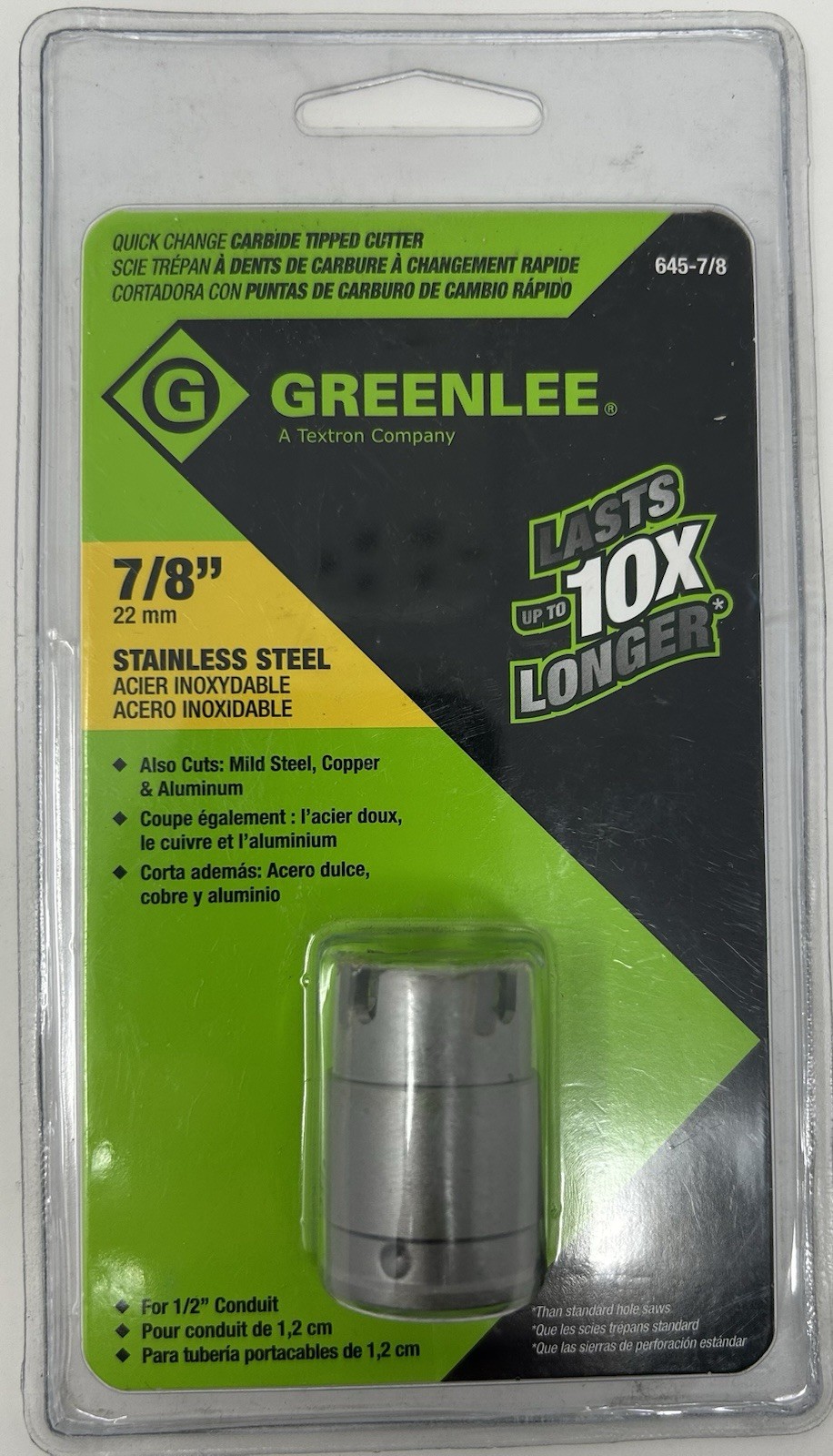 Greenlee 645-7/8 7/8" Quick Change SS Carbide-Tipped Hole Cutter NIP E28 E29