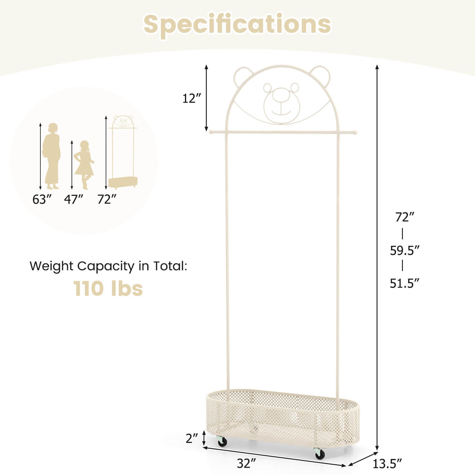Kid Clothes Rack W/ 3 Adjustable Heights Home Freestanding Clothes Rack