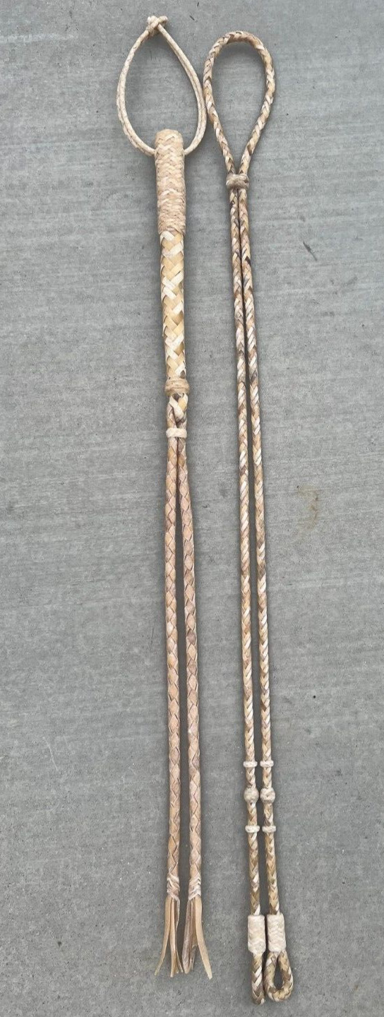 SET OF RAWHIDE REINS AND HORSE QUIRT, SET DE CUARTA CHARRA Y RIENDAS DE CUERO
