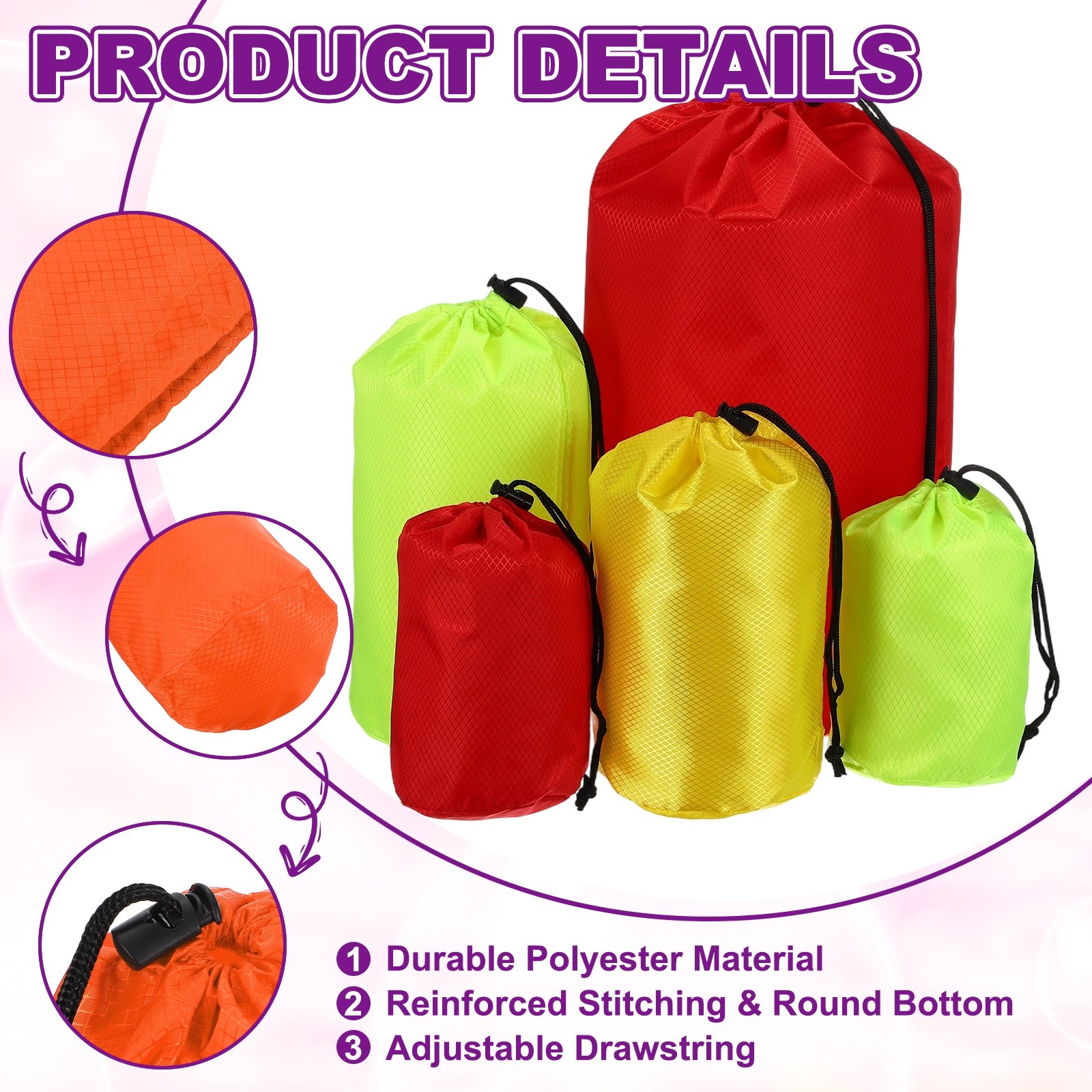 Stuff Sack, Waterproof Ditty Bags with Toggle 3x7In & 2 Pack & Orange