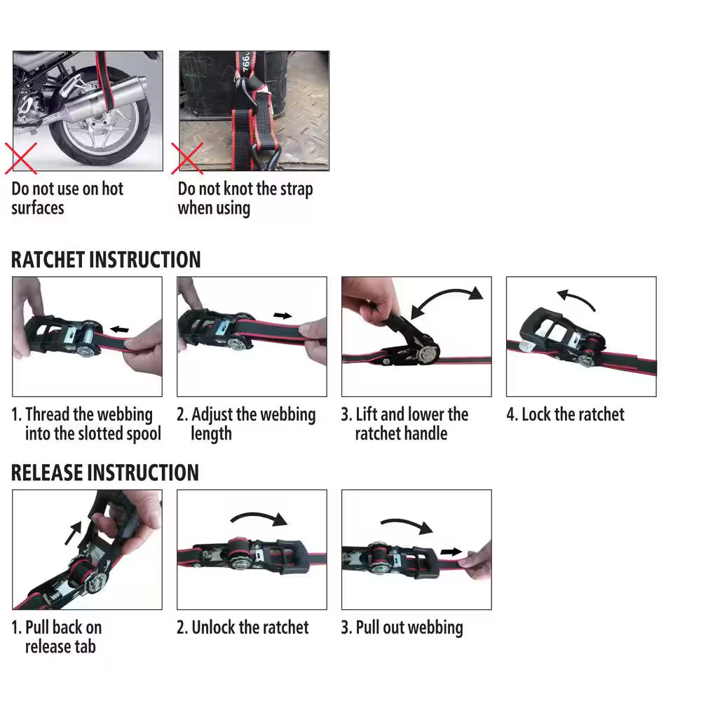 RATCHET TIE-DOWN STRAPS 4-PACK 12 Ft. X 1 in Quick Release Hook 1500 Lbs. Work