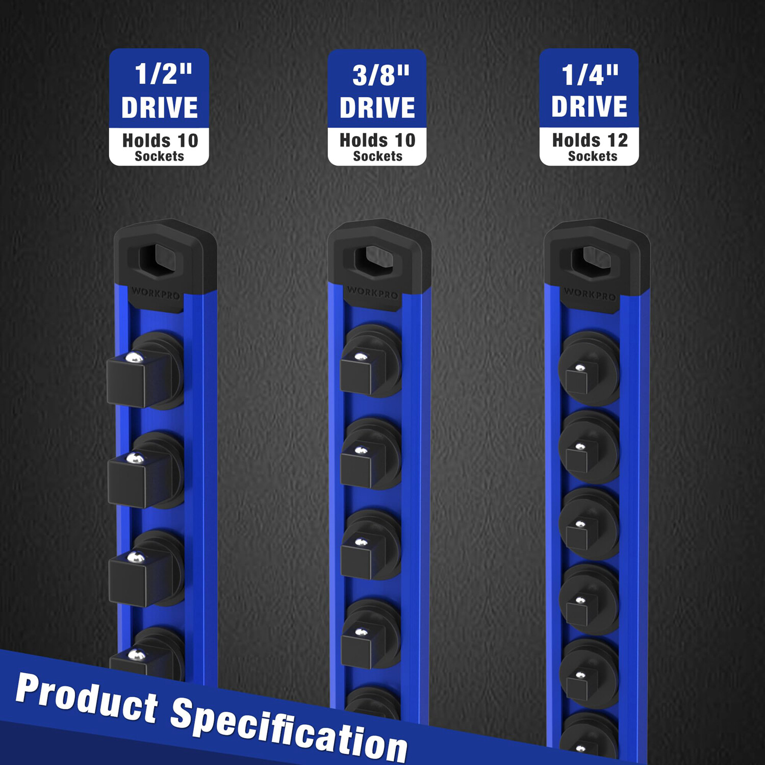 WORKPRO 1/4 Drive Magnetic Socket Organizer Heavy Duty Socket Rail Socket Holder