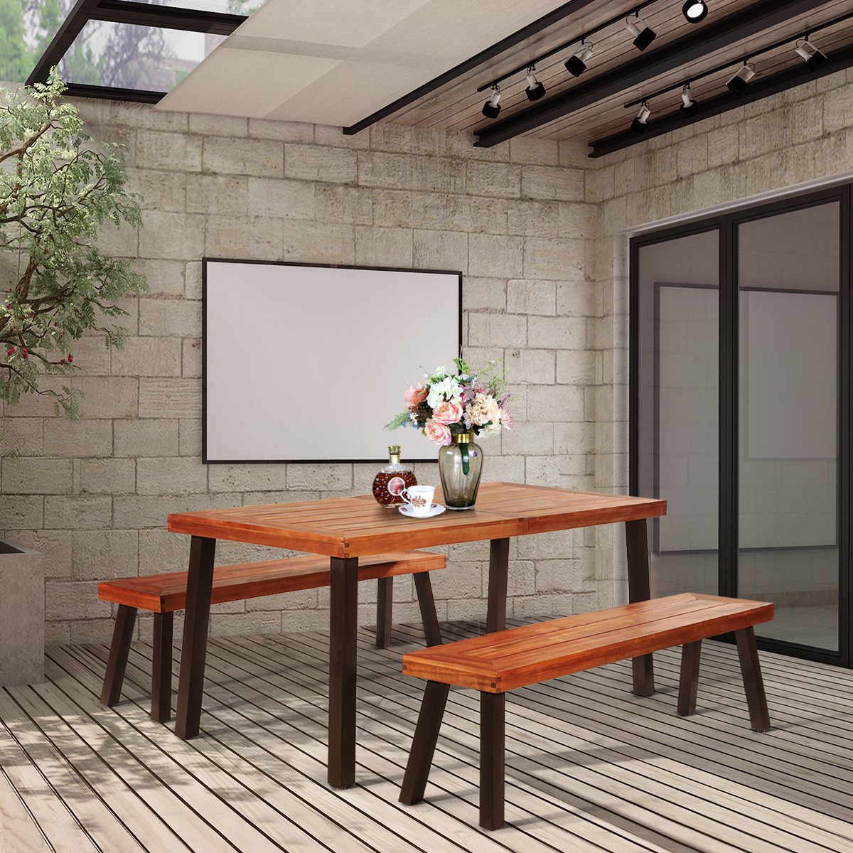 Rectangular Acacia Wood Dining Table Rustic Furniture Indoor &Outdoor